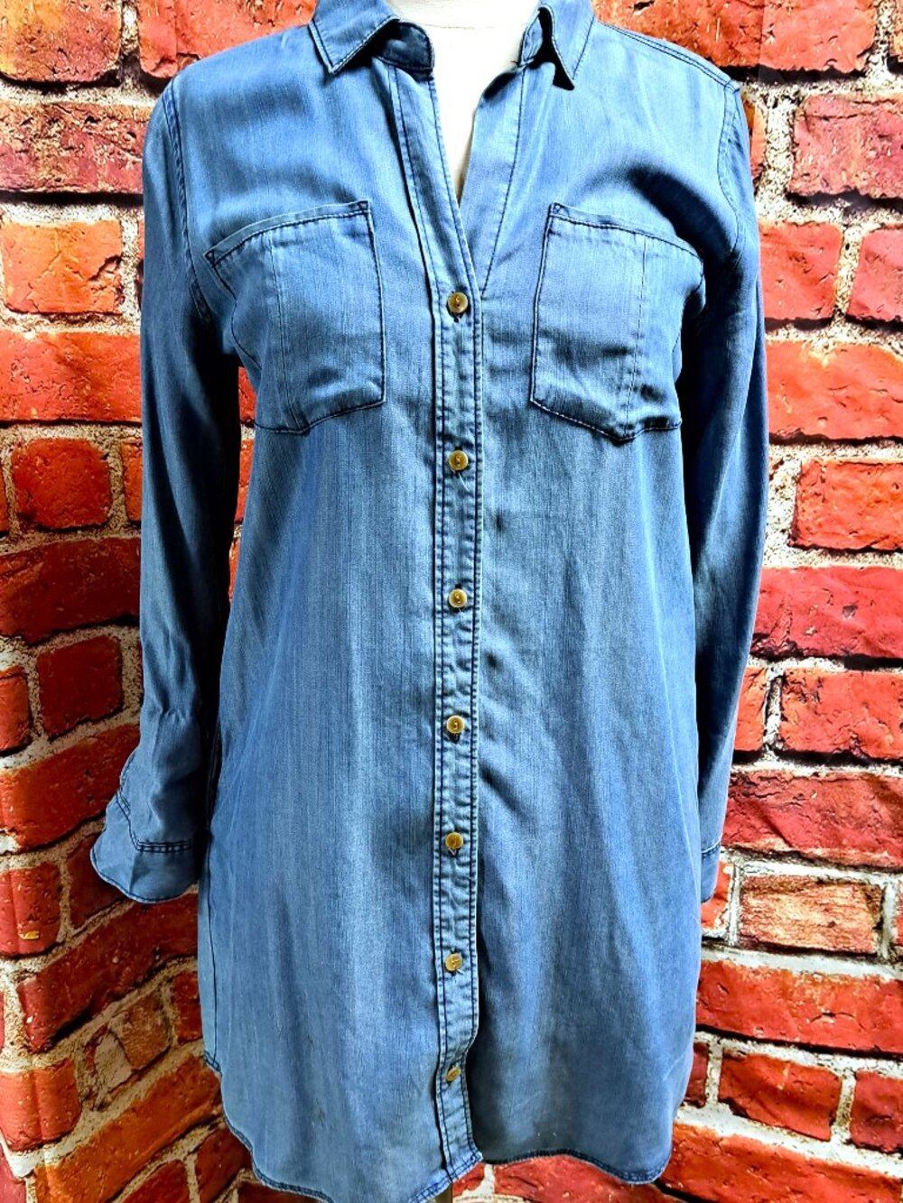 VELVET HEART DENIM CHAMBRAY LADIES BUTTON UP SHIRT BLOUSE TUNIC SIZE XS